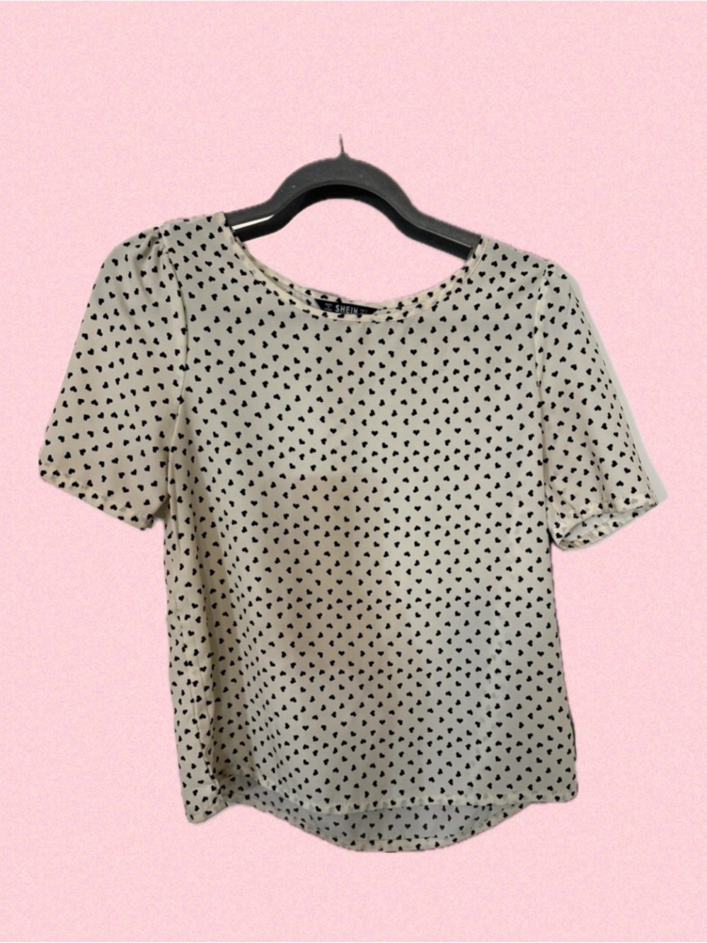 SHEIN Cream Short Sleeve Blouse with Black Heart Print